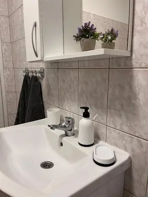 a bathroom sink with a soap dispenser on it at Vito apartments in Jajce